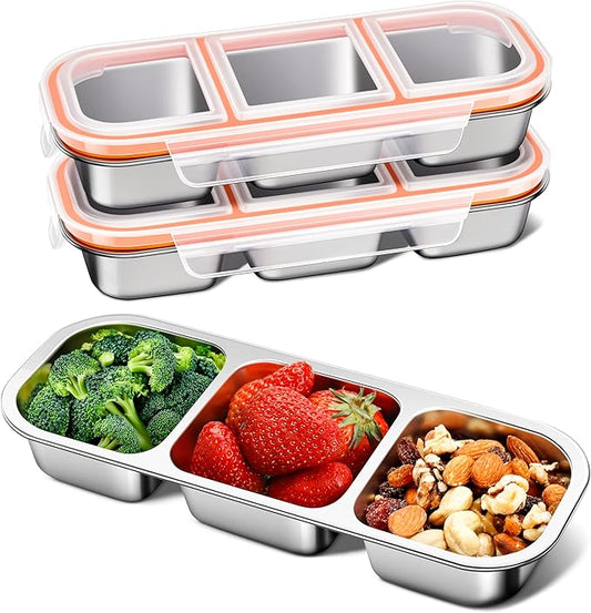 KTKUDY 3 Pack Stainless Steel Snack Containers for Kids & Adults - Large - Leak-Proof 3-Compartment Stackable Snack Lunch Boxes for Daycare, School, Work & Travel