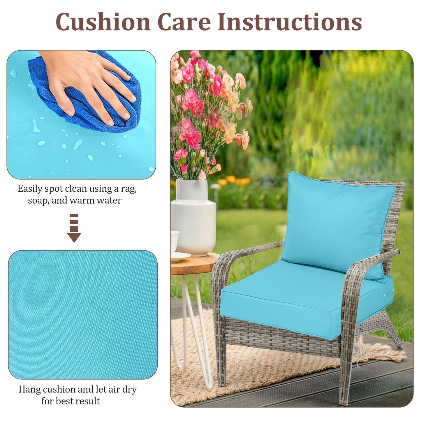Outdoor Deep Seat Cushions for Patio Furniture Set of 2, Waterproof Outdoor Chair Cushions 24 x 24 x 4'' Patio Furniture Cushion with Fade Resistant Removable Cover, Handle & Straps, Lake Blue