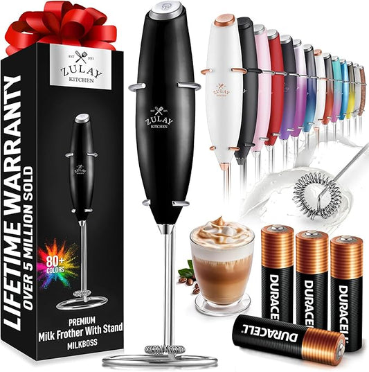 Zulay Kitchen Powerful Milk Frother Wand With 4 AA Duracell Batteries - Ultra Fast Handheld Drink Mixer - Electric Whisk Foam Maker for Coffee, Lattes, Cappuccino, Matcha & Creamer - Metallic Black