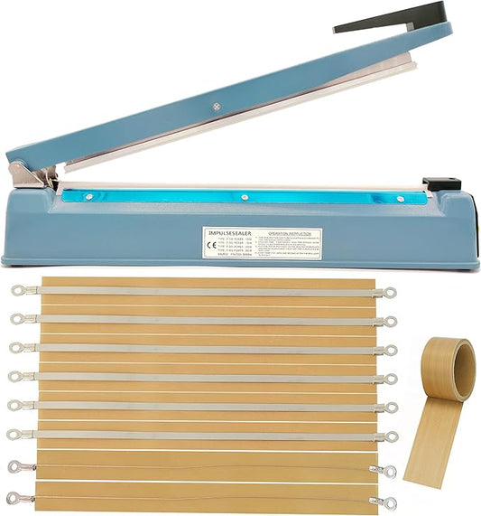 Impulse Heat Sealer 16 Inch Mylar Bag Sealer Heat Seal Machine, 110v Manual Heat Sealer for Plastic/Poly/Cookie Bags, 8 Replacement Parts & Teflon Cloth Strip(2 Round Cutter Lines Included)
