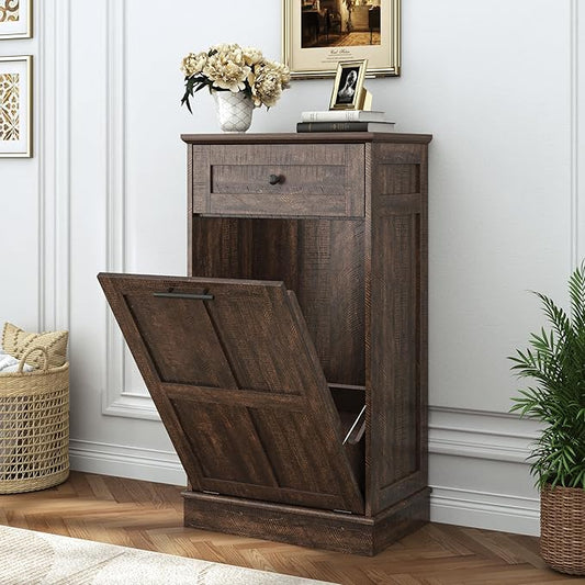 chartustriable Farmhouse Tilt-Out Trash Can Cabinet, 13 Gallon Laundry Hamper with Drawers, Wooden Hidden Garbage Can Cabinet w/Storage for Kitchen & Living Room, Brown