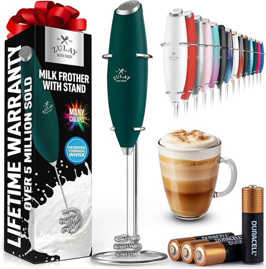 Zulay Kitchen Patented Tornado Triple Whisk Milk Frother with 4 Duracell Batteries – Handheld Foam Maker for Coffee, Lattes, Matcha & Hot Chocolate – Rich, Creamy Froth in Seconds - Dark Green