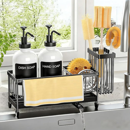 Kitchen Soap Dispenser Set with Sponge Holder and Towel Rack, 17OZ Glass Bottle, Hand and Dish Soap Dispenser Set, Non-Slip Silicone Pad, Brush Holder, Kitchen Sink Caddy Organizer Countertop (White)