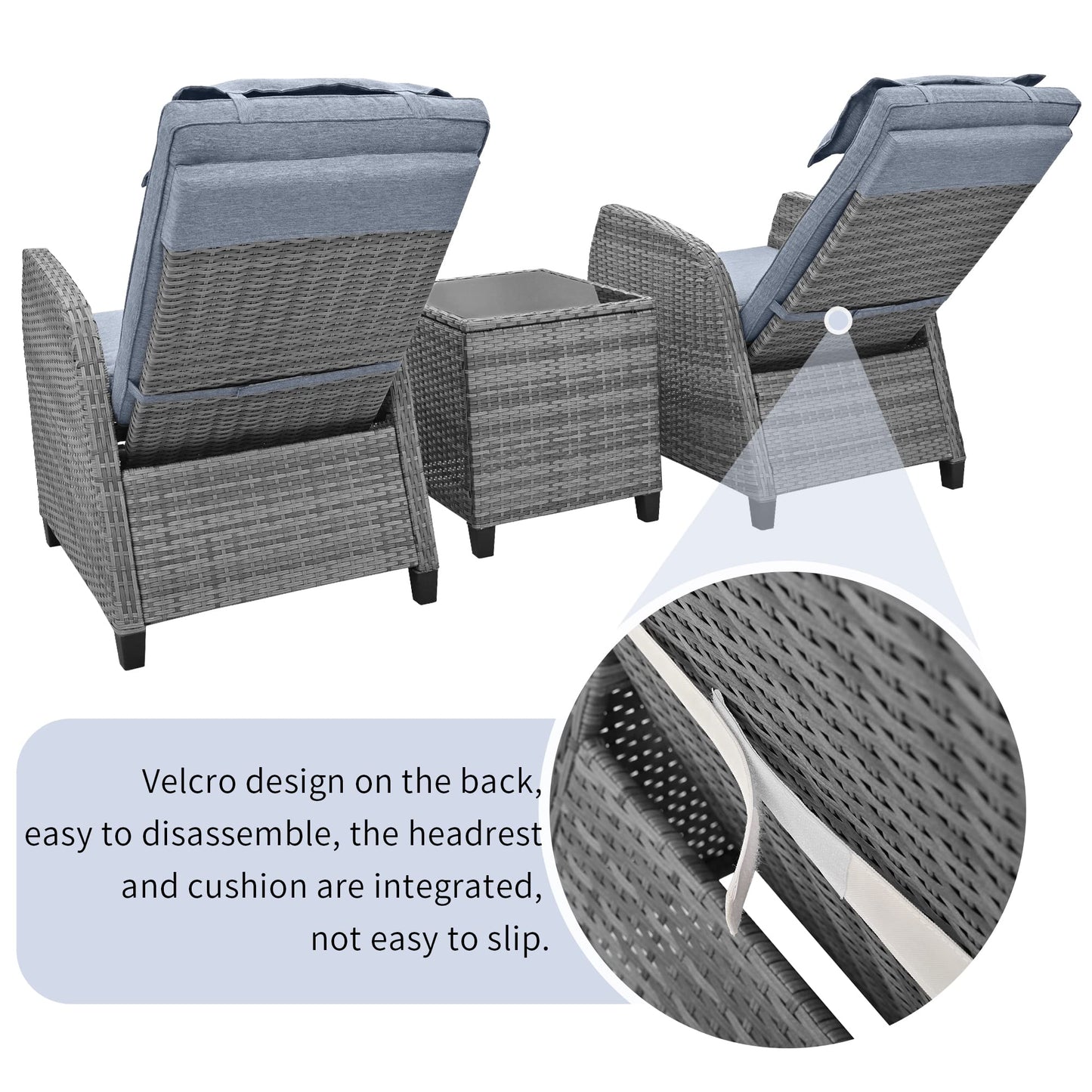 QKFF Outdoor Recliners Chair Set of 2 for Patio with Wicker Coffee Table, Comfort Cushion, Adjustable Angle Weatherproof Reclining Chairs for Courtyard, Swimming Pool, Balcony (Grey)