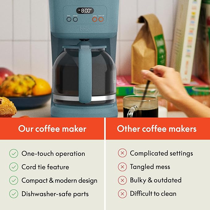 bella 12 Cup Programmable Coffee Marker, Reusable Dishwasher Safe Accessories, Easy LCD diaply, Auto Shutoff, 900 watt, Surf