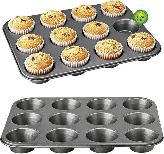 Muffin Pan for Baking, Nonstick Cupcake Tin 12 Cup, 2 Pack Cup Cake Tray, Premium Cheesecake Pans, Dishwasher Safe- Carbon Steel