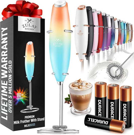 Zulay Kitchen Powerful Milk Frother Wand With 4 AA Duracell Batteries - Ultra Fast Handheld Drink Mixer - Electric Whisk Foam Maker for Coffee, Lattes, Cappuccino, Matcha & Creamer - Sunrise