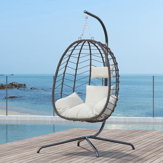 LEX CRAFT Hanging Egg Chair with Stand, Swinging Egg Chair Outdoor Indoor, Hanging Basket Chair with Cushion, Patio Wicker Hammock Chair 350lbs Capacity for Bedroom, Balcony, Backyard, Garden (Beige)