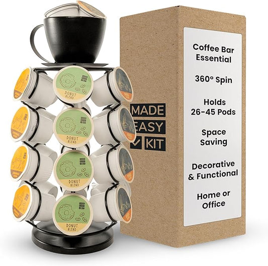 Made Easy Kit Carousel Coffee Pod Holder - Compatible with Keurig K-Pods K-Cups - Countertop 360 Spin Rack Storage Organizer - Revolving Base - Capsule Café Station Bar (Mug Black, Small)