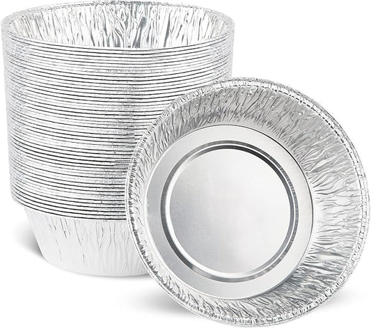PLASTICPRO 6.5'' Inch Round Tin Foil Pans Disposable Aluminum, Freezer & Oven Safe - For Baking, Cooking, Storage, Roasting, & Reheating, Deep Pack of 50