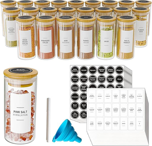 SpaceAid 24 Pcs Spice Jars with Bamboo Lids and Labels, Empty 4oz Glass Bottles, Minimalist Farmhouse Stickers with Funnel, Seasoning Containers for Spice Rack, Cabinet and Drawer