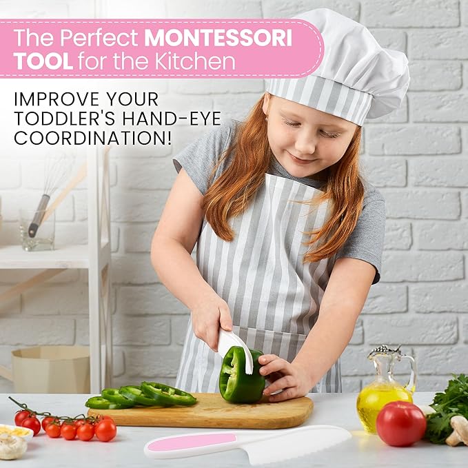Zulay 3-Piece Kids Knife Set for Real Cooking & Baking - Toddler Knives for Cutting Fruits, Veggies, & Cake - Children’s Montessori Knife with Serrated Edges - Safe & Fun Lettuce Knife (Pink)