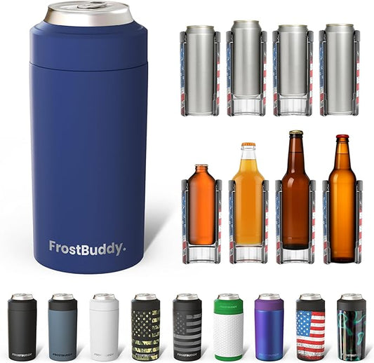 Frost Buddy Universal Can Cooler - Fits All - For Regular 12 & 16 oz or Slim-Size Bottles - Insulated Double-Walled Stainless Steel (Navy)
