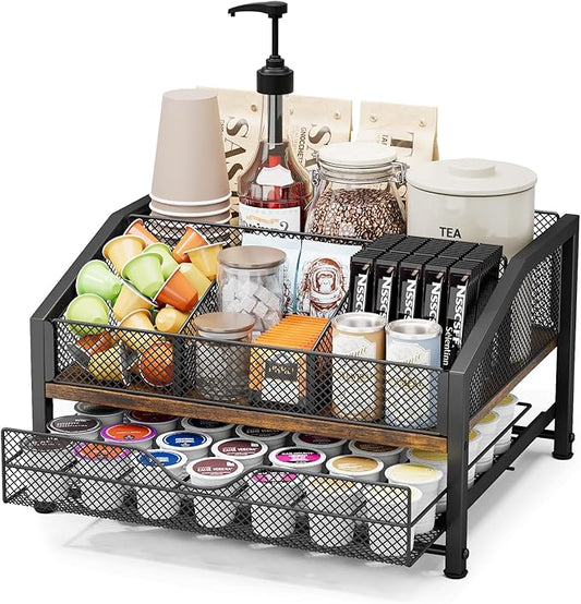 Homsorout Coffee Bar Organizer - Coffee Station for Countertop, Metal and Wood K Cup holder Storage Basket with Drawer for Syrup, Cups, Stirrer, Condiment, Tea Organizer, Brown