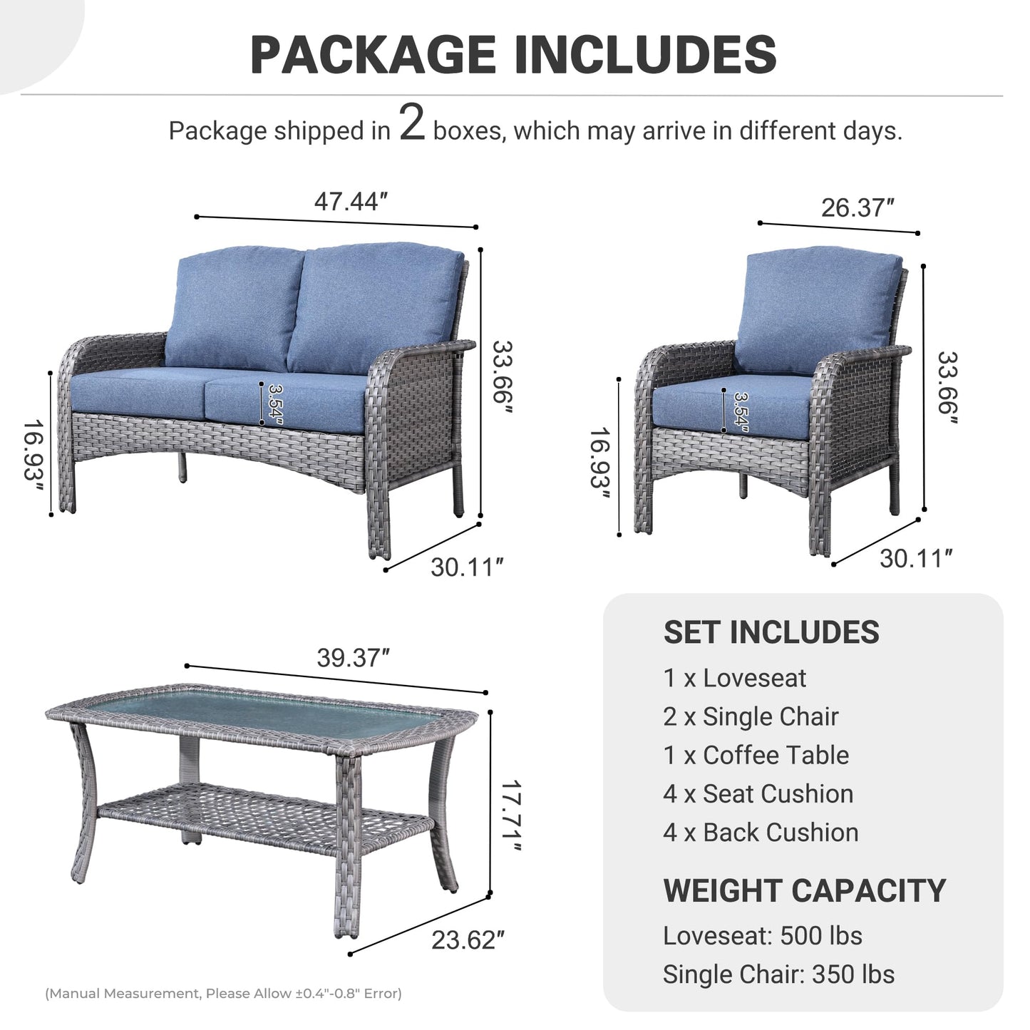 ovios 4 Pieces Patio Furniture Set, Outdoor Wicker Sofa with Coffee Table, Chairs, All Weather High Back Rattan Loveseat Couch with Comfy Cushions, Denim Blue