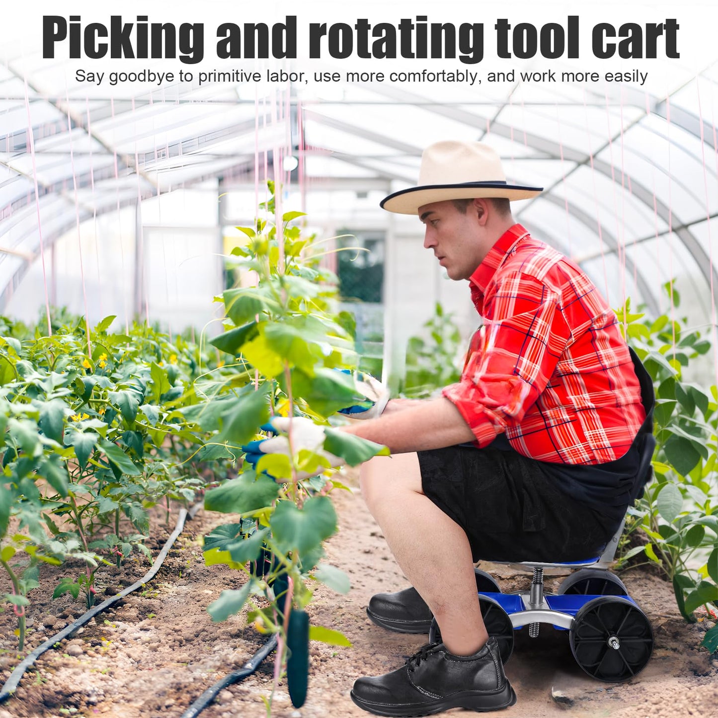 Explorinox Garden Cart Rolling Workseat with Wheels,Height Adjustable Gardening Stool for Planting,360 Degree Swivel Seat, Picking Rotary Tool Cart for Outdoor, Patio and Yard Blue