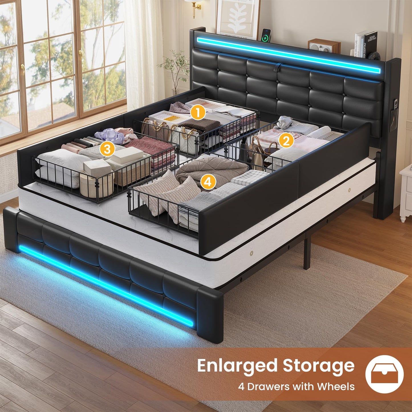 ADORNEVE Queen Bed Frame with Storage Headboard & 4 Drawers, LED Bed Frame Queen with Charging Station, Leather Upholstered Platform Bed Frame with Button Tufted, No Box Spring Needed, Black PU
