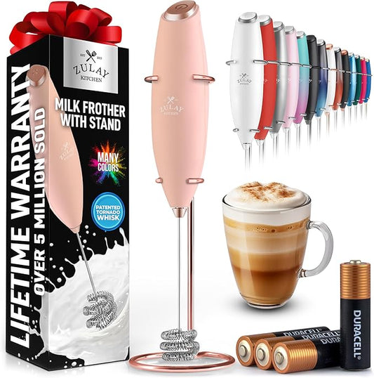 Zulay Kitchen Patented Tornado Triple Whisk Milk Frother with 4 Duracell Batteries – Handheld Foam Maker for Coffee, Lattes, Matcha & Hot Chocolate – Rich, Creamy Froth in Seconds - Rose Peach