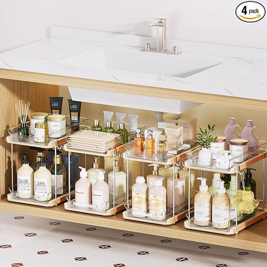 Delamu 2 Tier Bathroom Under Sink Organizers and Storage with Hook, Multi-Purpose Cabinet Drawers with Movable Dividers, Pull Out Organization for Countertop, Kitchen and Pantry(Wood Grain, 4 Pack)