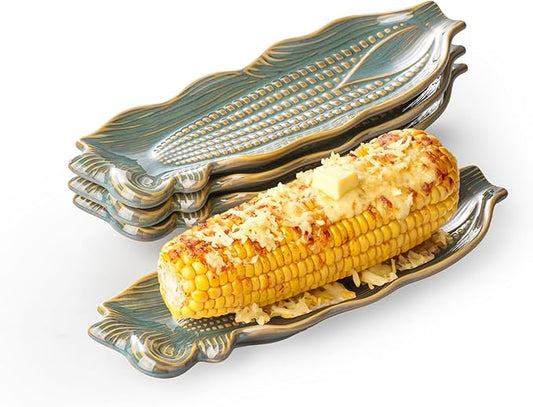 Corn Dishes, Ceramic Corn on the Cob Holders and Trays, Set of 4