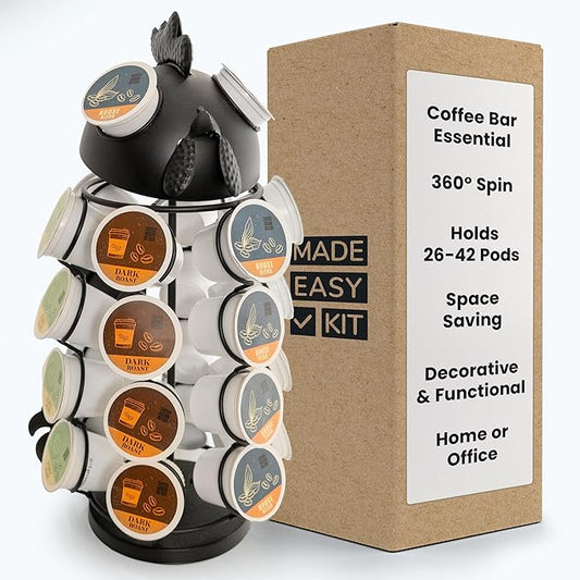 Made Easy Kit Carousel Coffee Pod Holder - Compatible with Keurig K-Pods K-Cups - Countertop 360 Spin Rack Storage Organizer - Revolving Base - Capsule Café Station Bar (Rooster Black, Small)