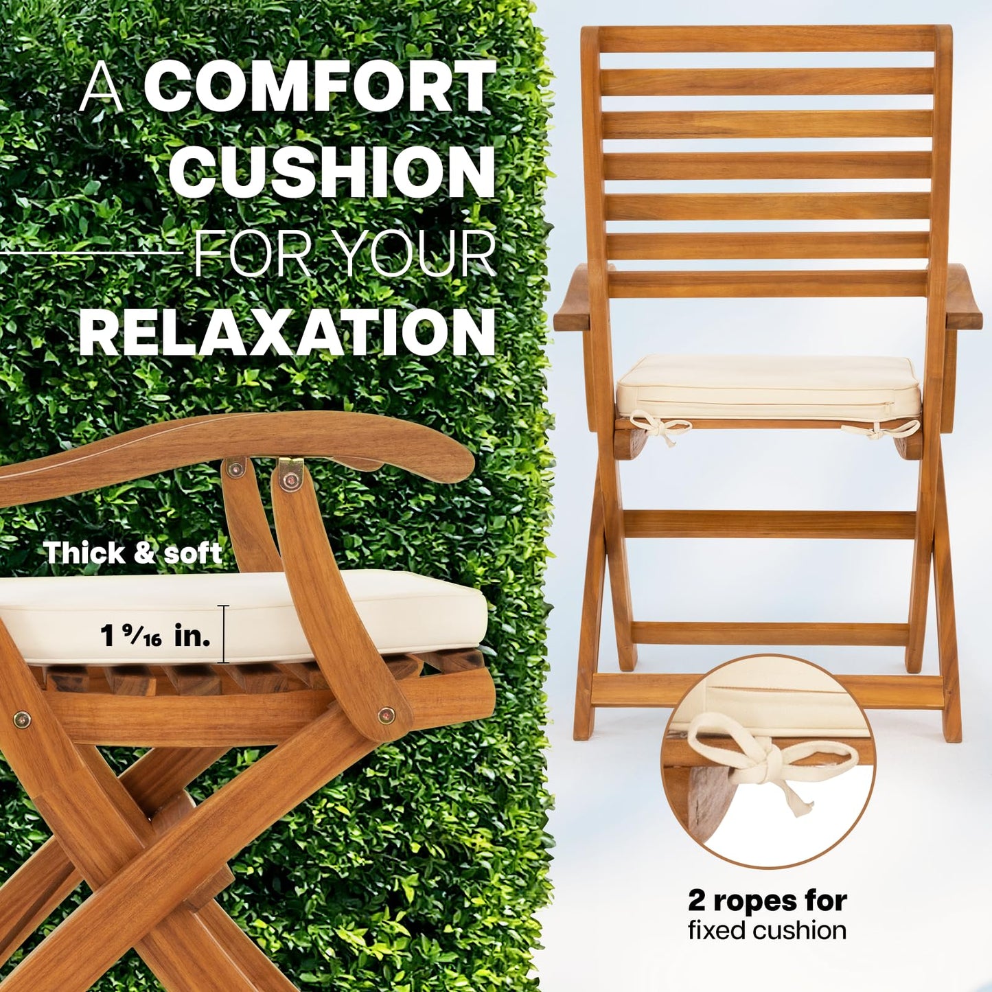 IDZO Patio Chairs Set of 2, Upgraded Wood Folding Armchairs with Comfortable Cushions, FSC-Certified Acacia, 450lbs Capacity, Fully Assembled, Foldable, Space-Saving Design, Ideal for Outdoor Use