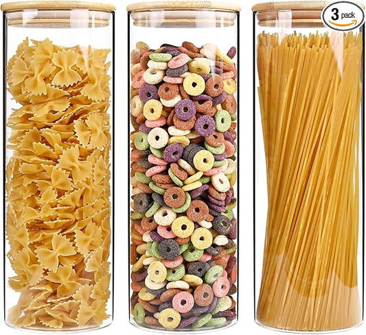 SHOWIN 73oz Glass Pasta Storage Jars, Tall Glass Jars with Bamboo Lids, Spaghetti Container, Set of 3, Kitchen Storage Containers for Pasta, Pantry Organizers