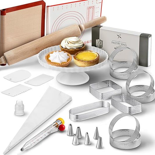 Teenyyou French Tart Baking Kit for Adults, Parisian Cooking Tools for Pastry Dessert, Christmas Baking Gifts for Women Men Beginners, Perforated Tart Rings Mat Pastry Making Kitchen Cooking Supplies