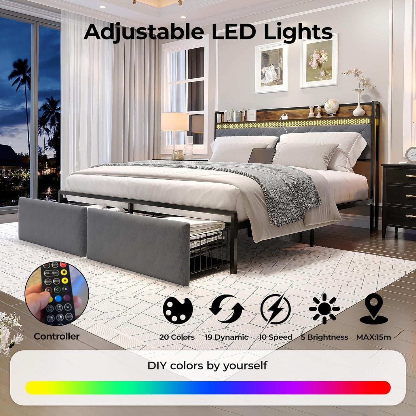 GAOMON King Size Bed Frame with Storage Headboard and Charging Station, Metal Platform Bed Frame with 2 Storage Drawers and LED Lights, Noise-Free, No Box Spring Needed, Rustic Grey