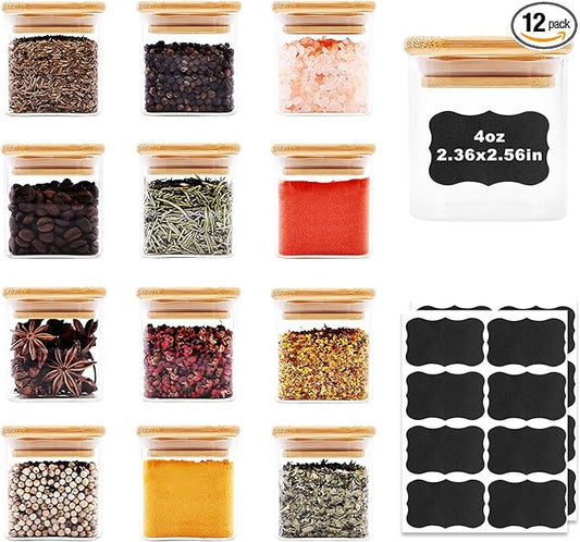 SHOWIN Glass Food Storage Jars Square 4oz, 12 Pack Glass Jars With Bamboo Lids, Kitchen Storage Containers For Spice, Candy, Cookie, Storage For Pantry Organizers