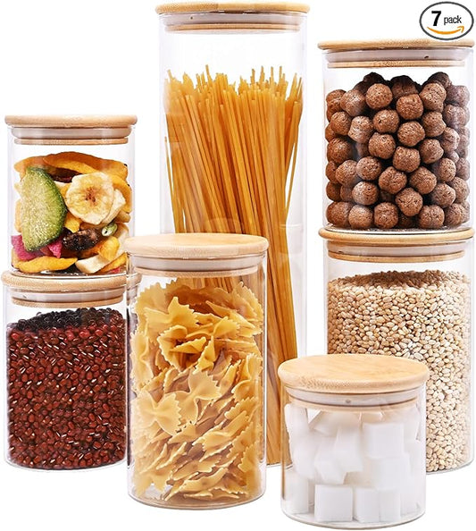SHOWIN Glass Food Storage Jars, Glass Jars with Bamboo Lids, Kitchen Storage Jars, Canisters with Airtight Lids for Spice, Coffee, Cookie, Set of 7, Pantry Organizers