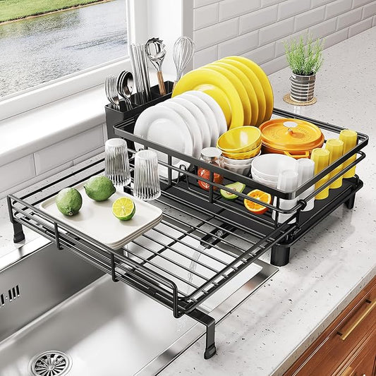 SNTD Dish Drying Rack - Extendable Dish Rack, Large Sink Drying Dish Drainer for Kitchen Counter, Stainless Steel Dish Strainer with Utensil Holder (Black)