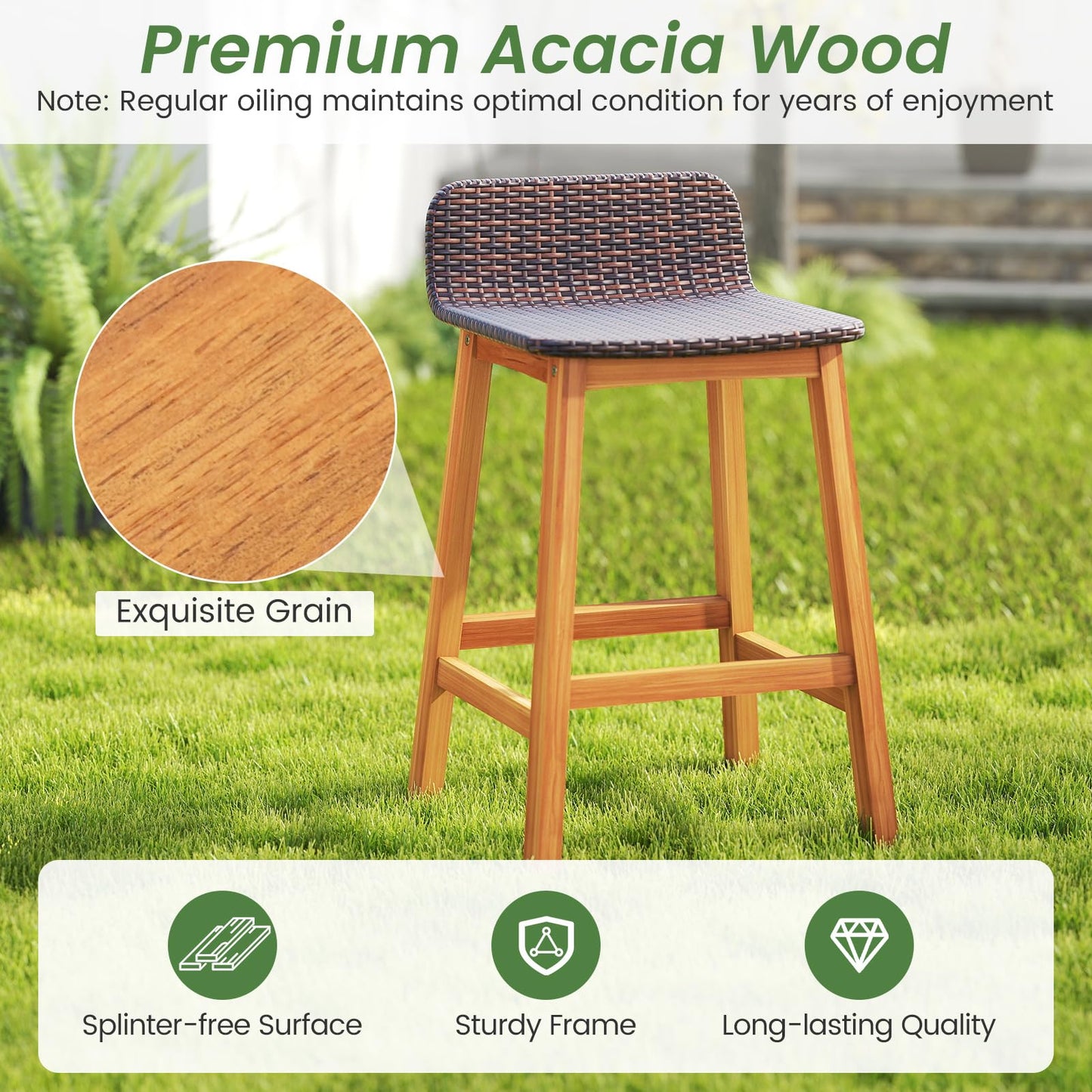 Tangkula Solid Acacia Wood Bar Stools Set of 2, Rattan Bar Height Patio Chairs with Footrests, Outdoor Seating for Porch, Balcony, Garden, Backyard (Mix Brown,1)