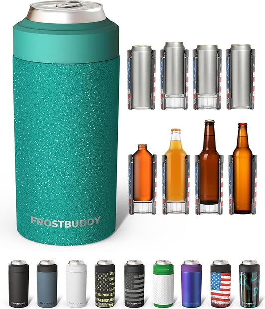 Frost Buddy Universal Can Cooler - Fits all - Stainless Steel Can Cooler for 12 oz & 16 oz Regular or Slim Cans & Bottles - Stainless Steel (Teal Glitz)