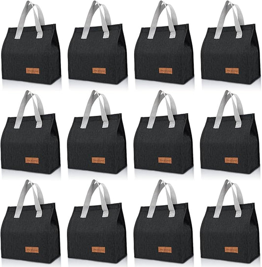 VZZNN 12 Pack Lunch Bags Bulk,Insulated Reusable Lunch Bags with Aluminum for Women Men,Leakproof Tote Large Lunch Box for Office,Work,Beach or Travel,Black