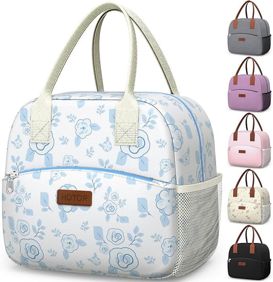 HOTOR Lunch Bag for Women & Men - Wear-Resistant Insulated Lunch Box with Large Capacity, Multi-Functional Cooler Bag for Office, Picnic, White with Blue Flower, 10L,10.60" x 5.90" x 9.50"