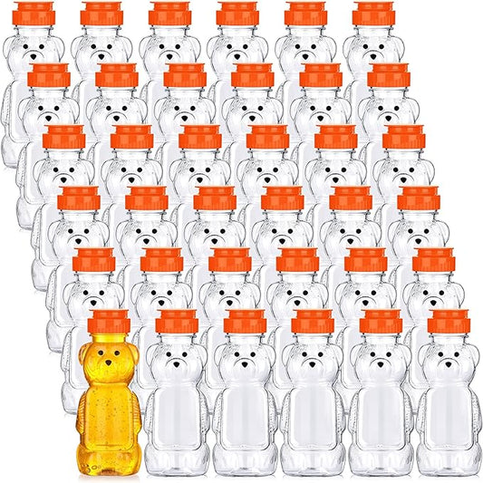 Thenshop 36 Pcs 8 oz Honey Jar Plastic Empty Bear Bottle Dispenser Clear Transparent Honey Containers Bear Cup Squeeze Bottle with Flip Top Lid for Storing Dispensing(Orange Lid)