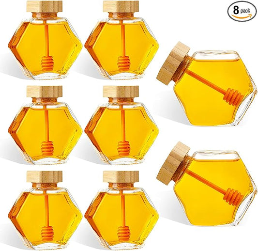 Sunnyray 8 Pcs Glass Honey Jars with Dipper Hexagonal Clear Glass Dispenser Small Honey Containers Bottle with Wooden Dipper and Cork Lid for Home Storage Kitchen (220 ml)