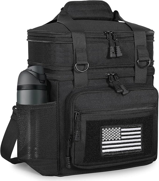 GLENKEY Tactical Lunch Box Cooler Bag - Expandable Insulated Lunch Bag for Men Women - Large Lunchbox for Adults Work Shifts Outdoor Trips Black with Flag 16L