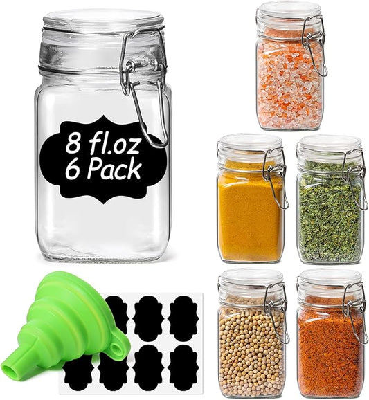 ComSaf Set of 6 Square Glass Jars with Airtight Lids (8 Oz), Pantry Canisters for Spices, Jams, & Herbs, Wire Clamp Jar for Overnight Oats, Pickling, Favors, Includes Labels & Funnel