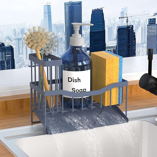 Maifan Sink Caddy Sponge Holder for Kitchen with Brush Holder and Stainless Steel Self Drain Tray, Rustproof Kitchen Sink Organizer for Sponge, Soap Dispenser Storage Accessories Grey Blue