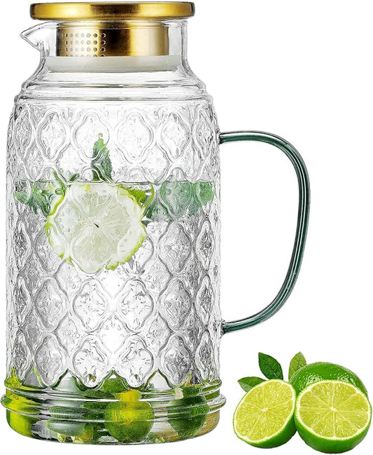Buaic Glass Pitcher with Lid, 68 oz/2 Liter Vintage Water Pitcher, Clear Borosilicate Glass Water Carafe for Cold Brew, Coffee, Lemonade, Iced Tea, Juice, Beverage, Heat Resistant Water Glass Jug