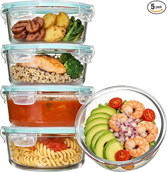 Vtopmart 5Pack 22oz Glass Storage Containers with Lids, Glass Meal Prep Food Container Sets with Snap Airtight Lids for Microwave, Oven, Freezer and Dishwasher, Green, Round