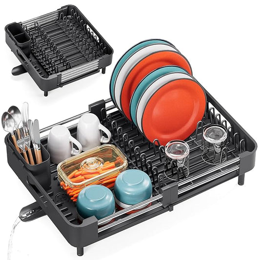 TOOLF Dish Drying Rack, Expandable Dish Rack for Kitchen Counter, Anti-Rust Dish Drainer, Sink Organization and Storage Essentials with Cutlery & Cup Holder, Black