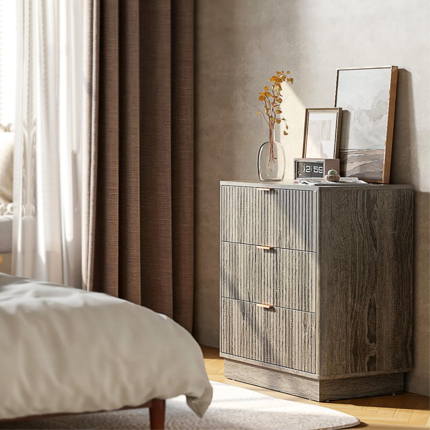 ECOTINY Mid Century Modern 3 Drawer Dresser, Fluted Wood Chest with Round Edge Design, Shallow Bedroom Storage for Closet, Living Room（Charcoal Oak）