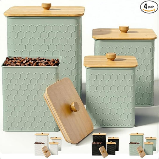 Kitchen Canisters for Countertop Set of 4 - Textured Iron Kitchen Canisters with Airtight Lids - Flour Sugar Canister Set - Flour and Sugar Containers Farmhouse - Coffee Jar for Counter - Green Jar x4