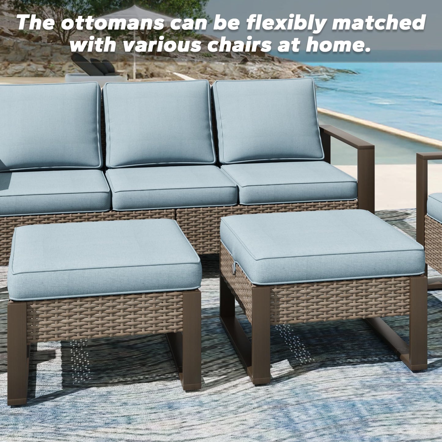 MeetLeisure Patio Metal Wicker Ottoman Set of 2, Outdoor PE Rattan Footstools with Removable Cushions & Metal Steel Framed Legs for Garden Backyard Porch Deck, Baby Blue
