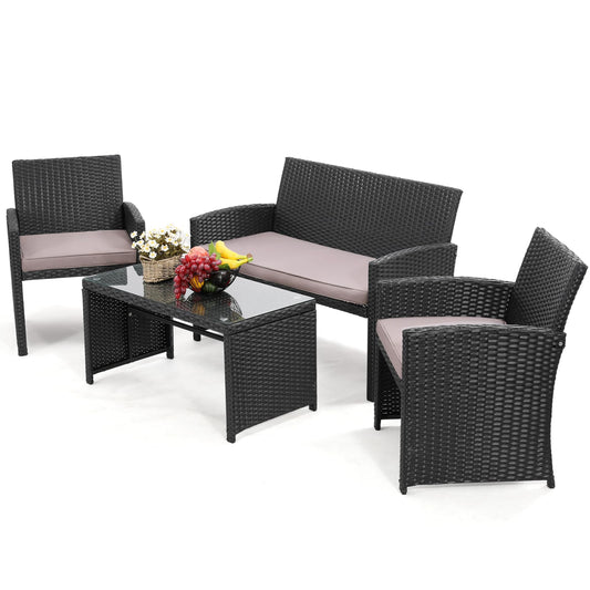 Murago 4 Piece Patio Furniture Set, Wicker Outdoor Conversation Sets, Patio Furniture with Matching Wicker Coffee Table, Sofa, and 2 Chairs,Black Rattan with Light Grey Cushion