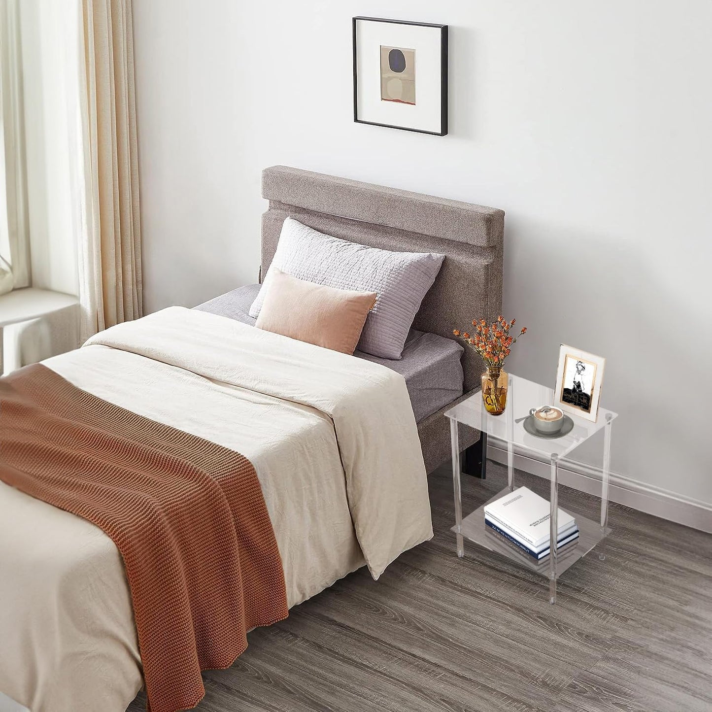 Acrylic Glass Side Tables with 2 Shelve End Table Bedside Set of 2, simplicity Nightstands for small Spaces, 2-Tier Tempered Glass for Office Bedroom Living Room Study Outdoor Transparent ET-008TR