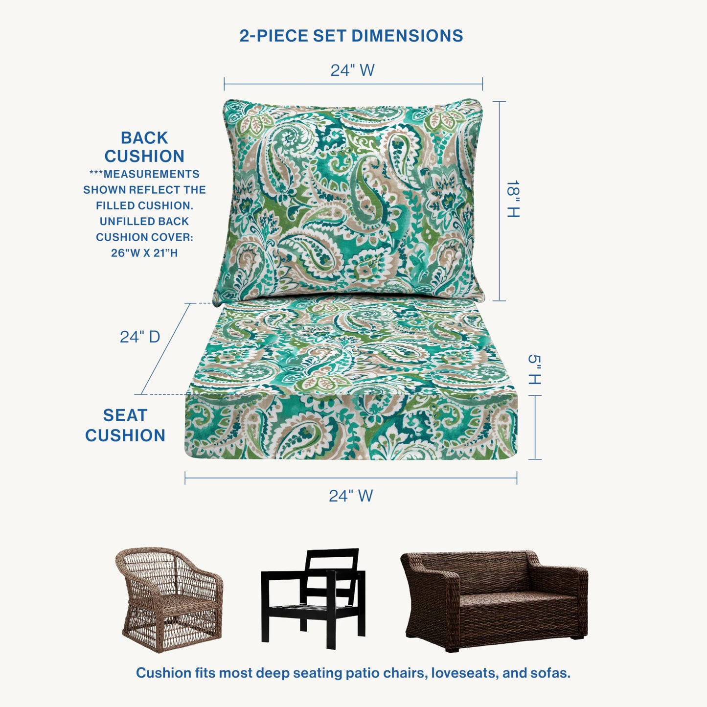 Honeycomb Outdoor Essentials Deep Seat, 24 x 24, Geneva Paisley Turquoise Chair Cushion for Patio Furniture